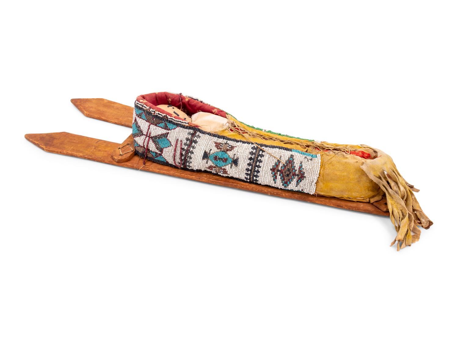 Kiowa Loom-Beaded Hide Toy Cradle, with Doll