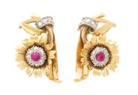 A Pair of Retro Tricolor Gold, Ruby and Diamond Flower Earclips, 6.60 dwts.