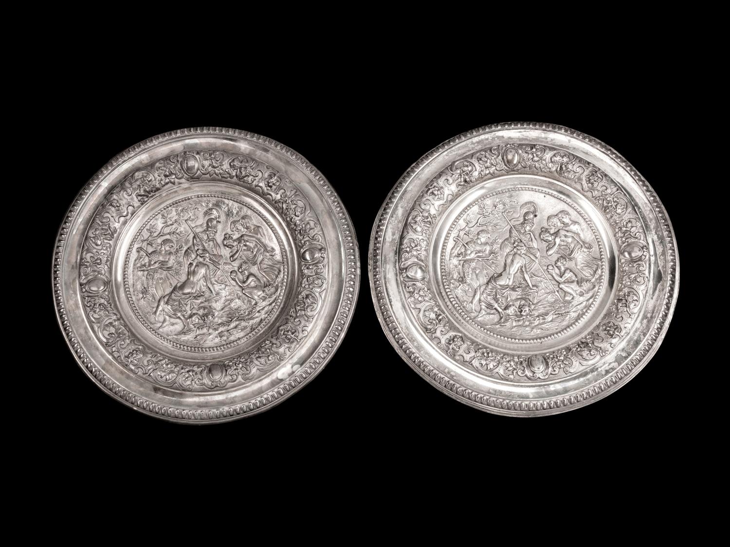 A Pair of Victorian Silverplated Mythological Circular Chargers