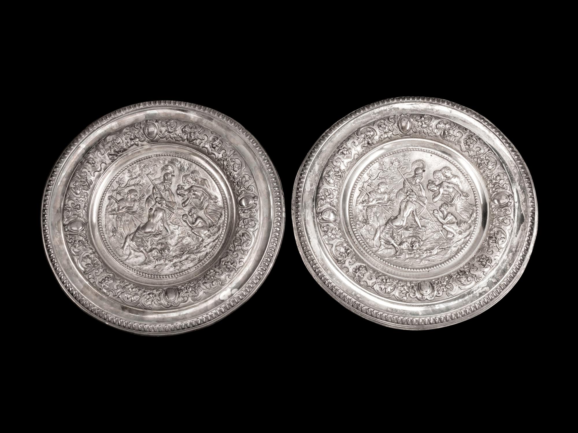 A Pair of Victorian Silverplated Mythological Circular Chargers