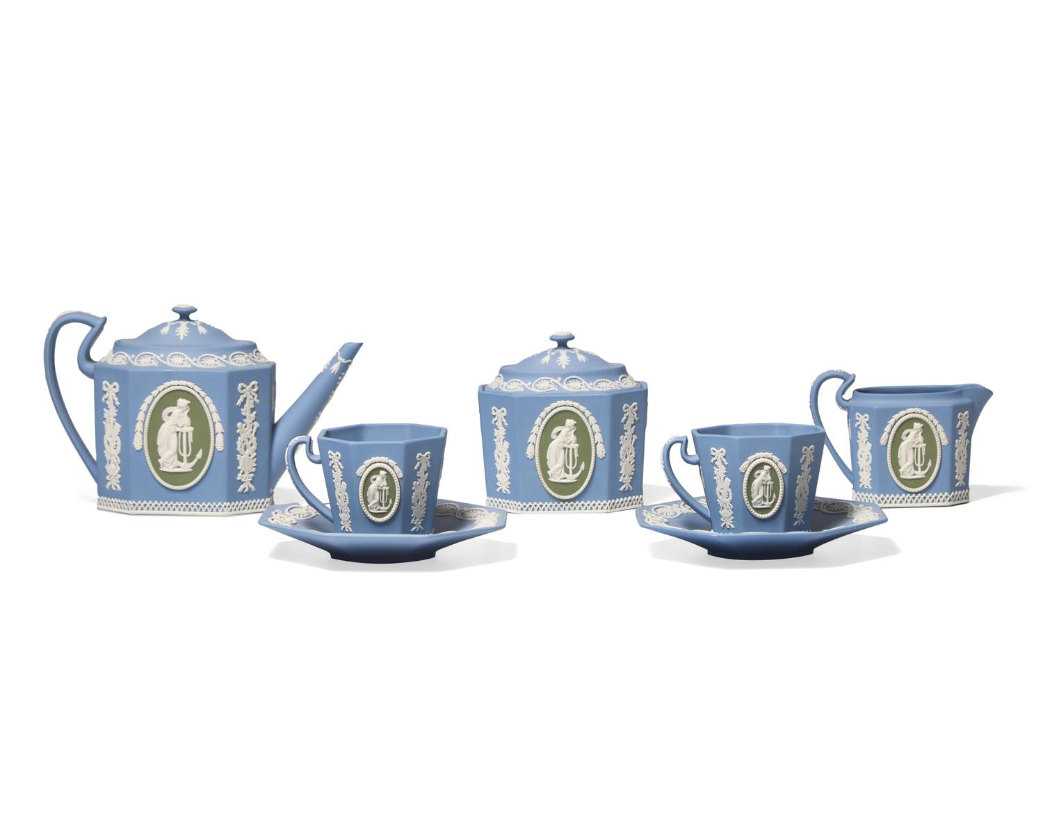 A Wedgwood Blue and Green Dip Jasperware Tea Service