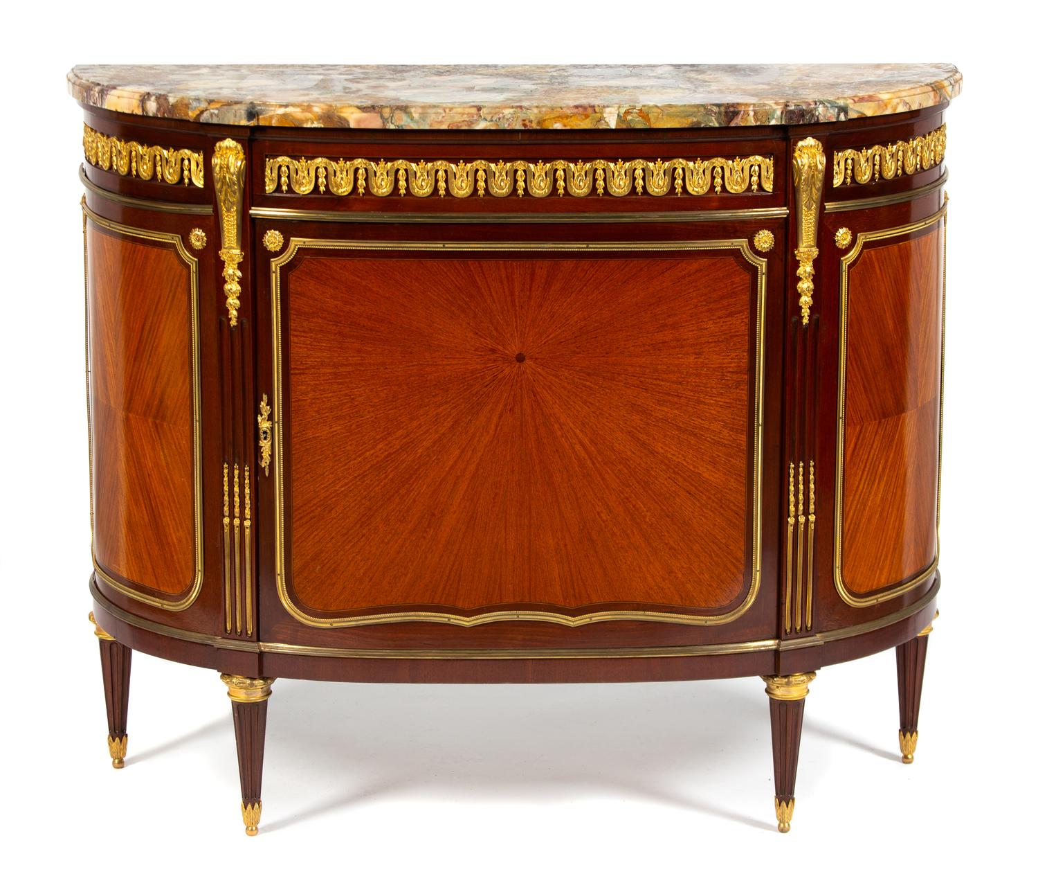 Pair of Louis XVI Style Gilt Bronze Mounted Marble Top Side Cabinets Height 37 1/2 x width 46 x depth 16 inches. — EARLY 20TH CENTURY