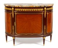 Pair of Louis XVI Style Gilt Bronze Mounted Marble Top Side Cabinets Height 37 1/2 x width 46 x depth 16 inches. — EARLY 20TH CENTURY