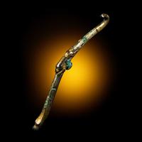 A Chinese Gilt, Silvered and Turquoise Inlaid 'Rabbit' Gold Belt Hook, Warring States Period 戰國 鎏金銅錯銀嵌松石雙獸首奔兔帶鉤