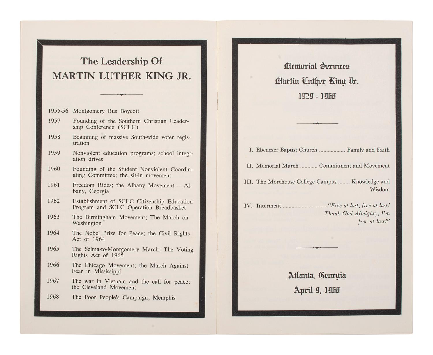 [KING, Martin Luther, Jr. (1929-1968)]. Obsequies Martin Luther King Jr. [Atlanta]: n.p., 1968. [ With: ] Funeral card.