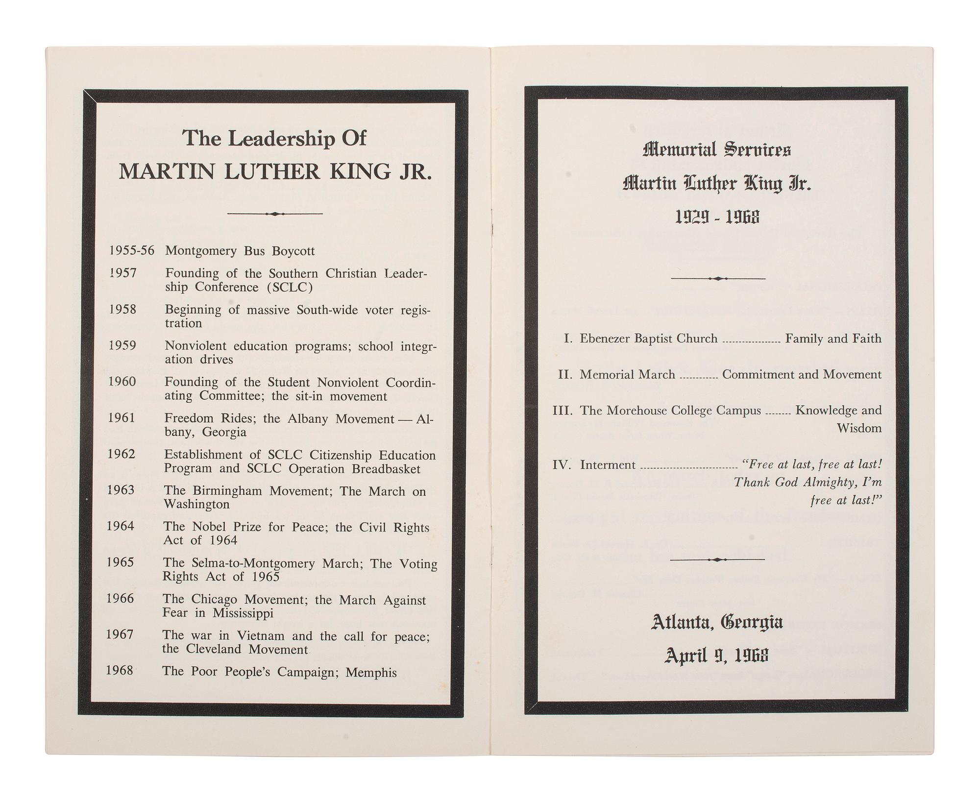 [KING, Martin Luther, Jr. (1929-1968)]. Obsequies Martin Luther King Jr. [Atlanta]: n.p., 1968. [ With: ] Funeral card.
