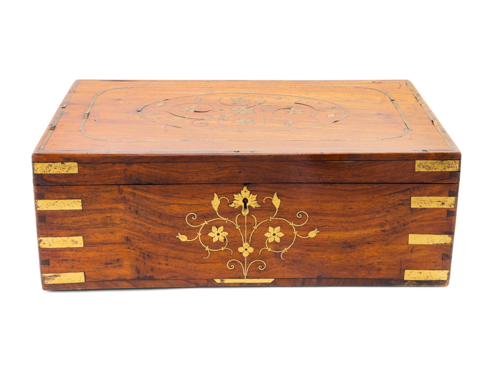 A Victorian Brass Inlaid Fruitwood Stationery Box