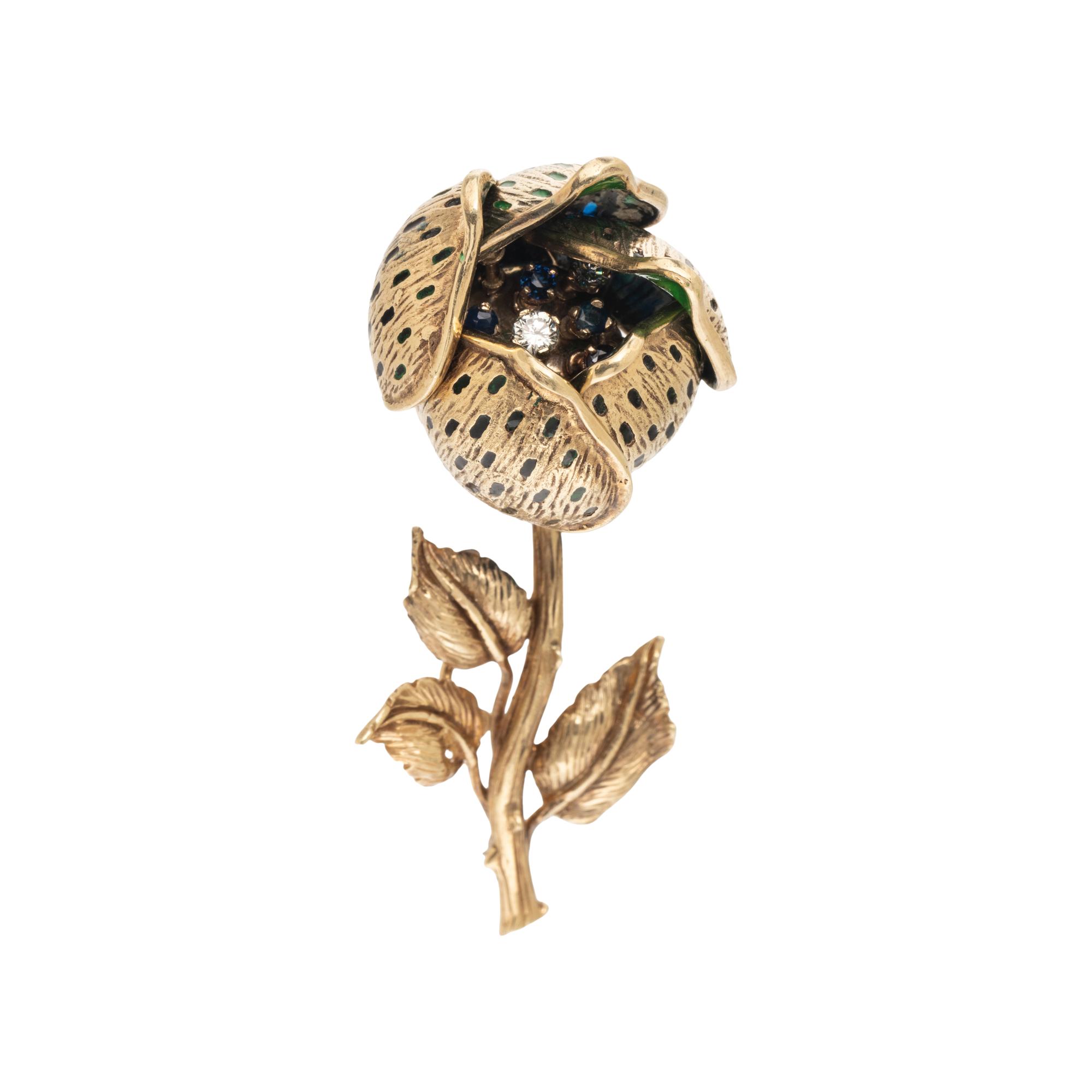 DIAMOND, SAPPHIRE, AND ENAMEL ARTICULATED FLOWER BROOCH