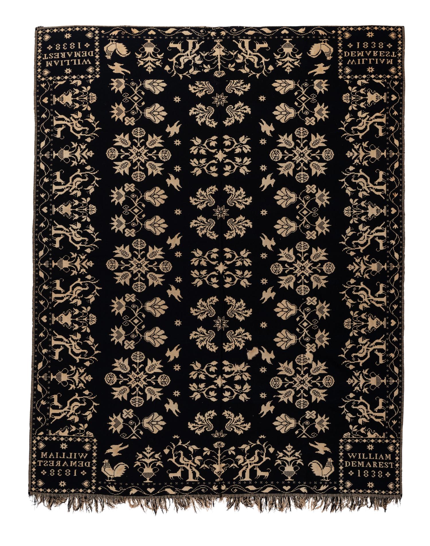 A Squirrel, Rooster, Dove, Dog, Heart and Flower Pattern Jacquard Coverlet