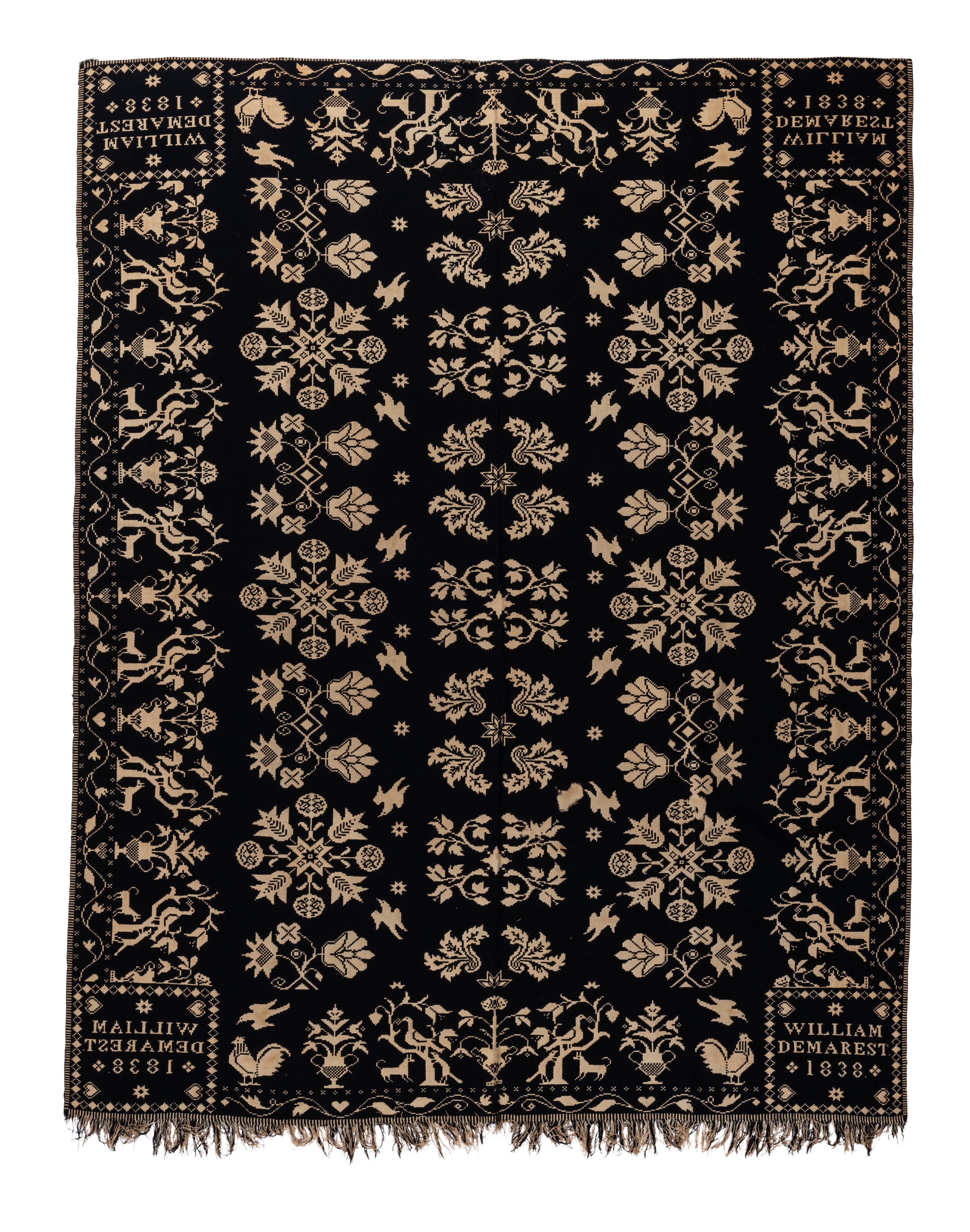 A Squirrel, Rooster, Dove, Dog, Heart and Flower Pattern Jacquard Coverlet