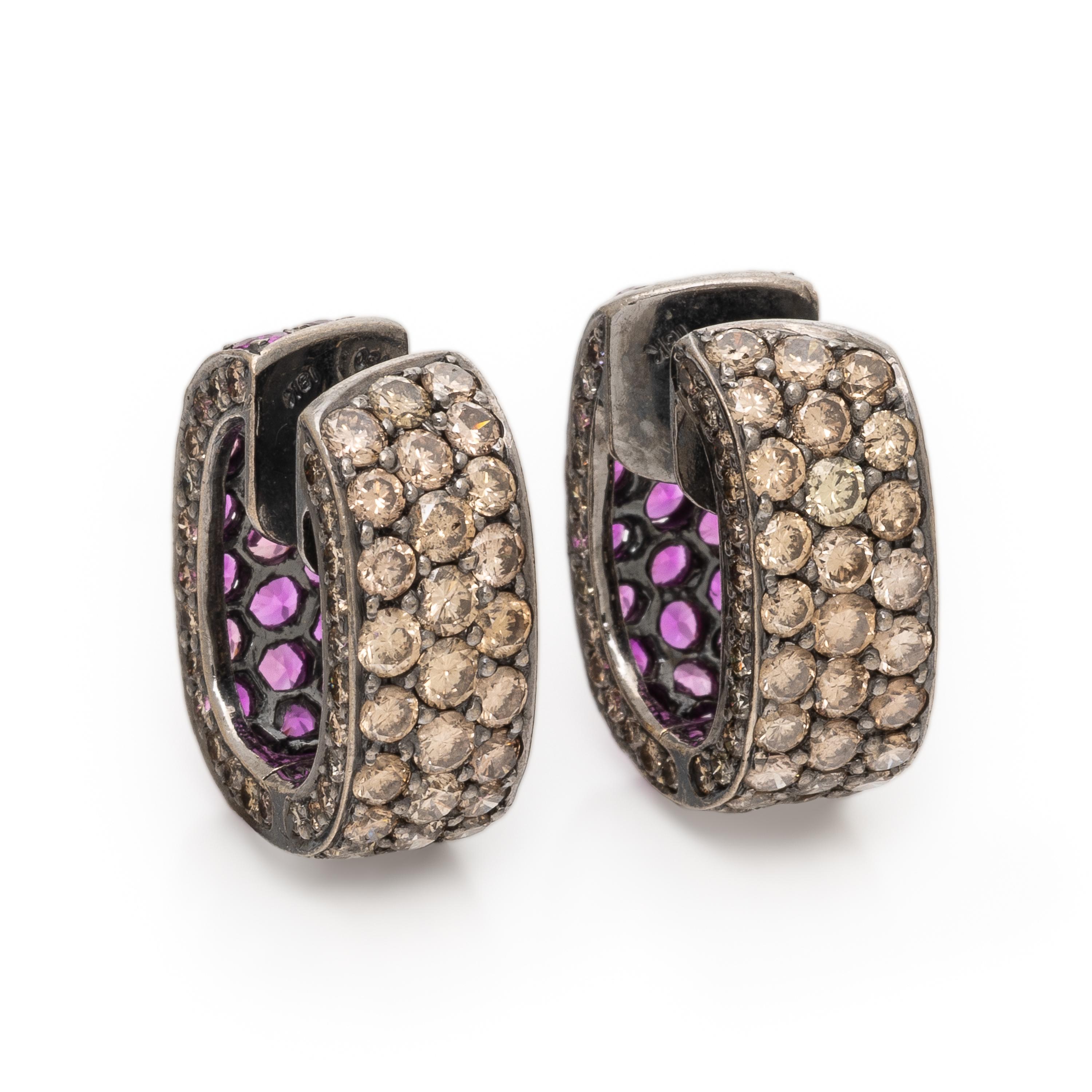 Pink Sapphire, Colored Diamond, and Blackened Gold Hoop Earrings