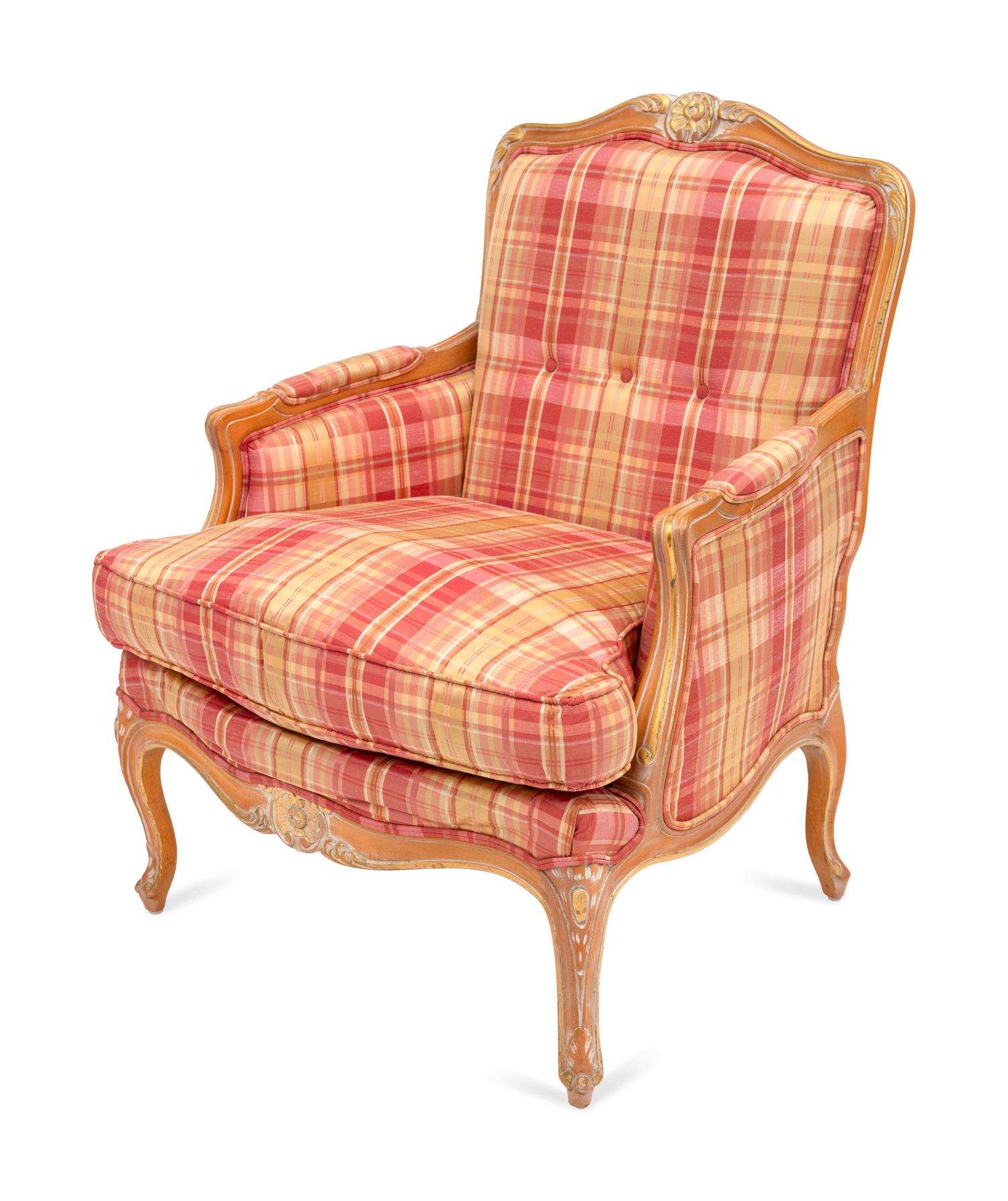 A Louis XV Style Parcel Gilt Plaid Upholstered Bergère