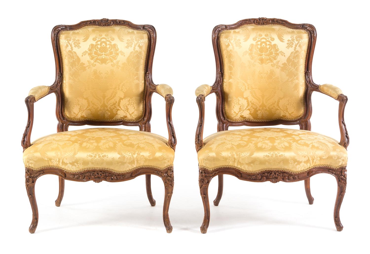 A Pair of Louis XV Style Walnut Fauteuils Height 36 inches. — 18TH/19TH CENTURY