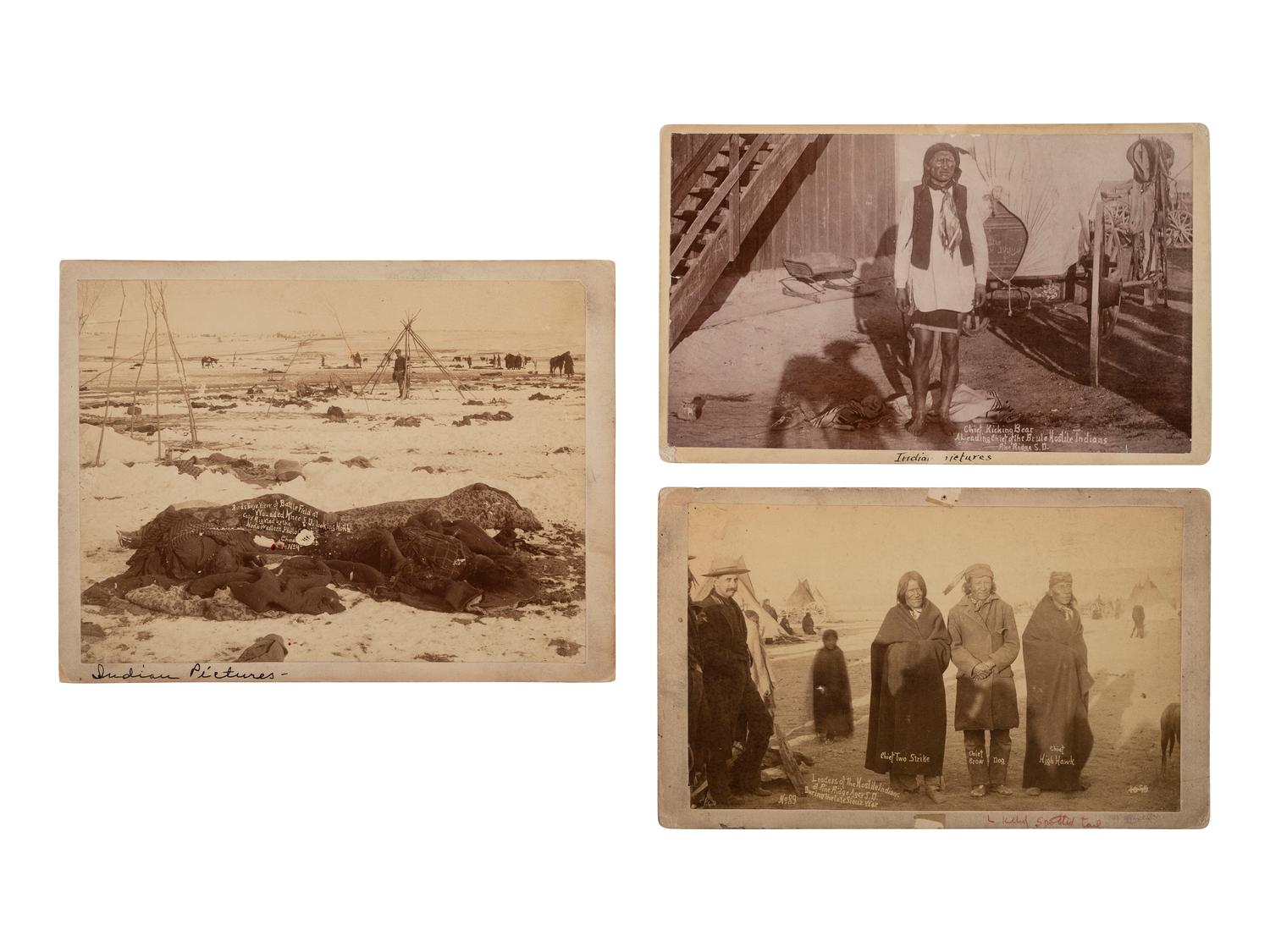 [INDIAN WARS]. Three photographs taken at Pine Ridge Agency, SD, featuring Wounded Knee view and identified Sioux chiefs incl. Kicking Bear.