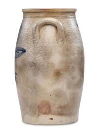 A Sawyer & Smith Three Gallon Cobalt Decorated Stoneware Crock