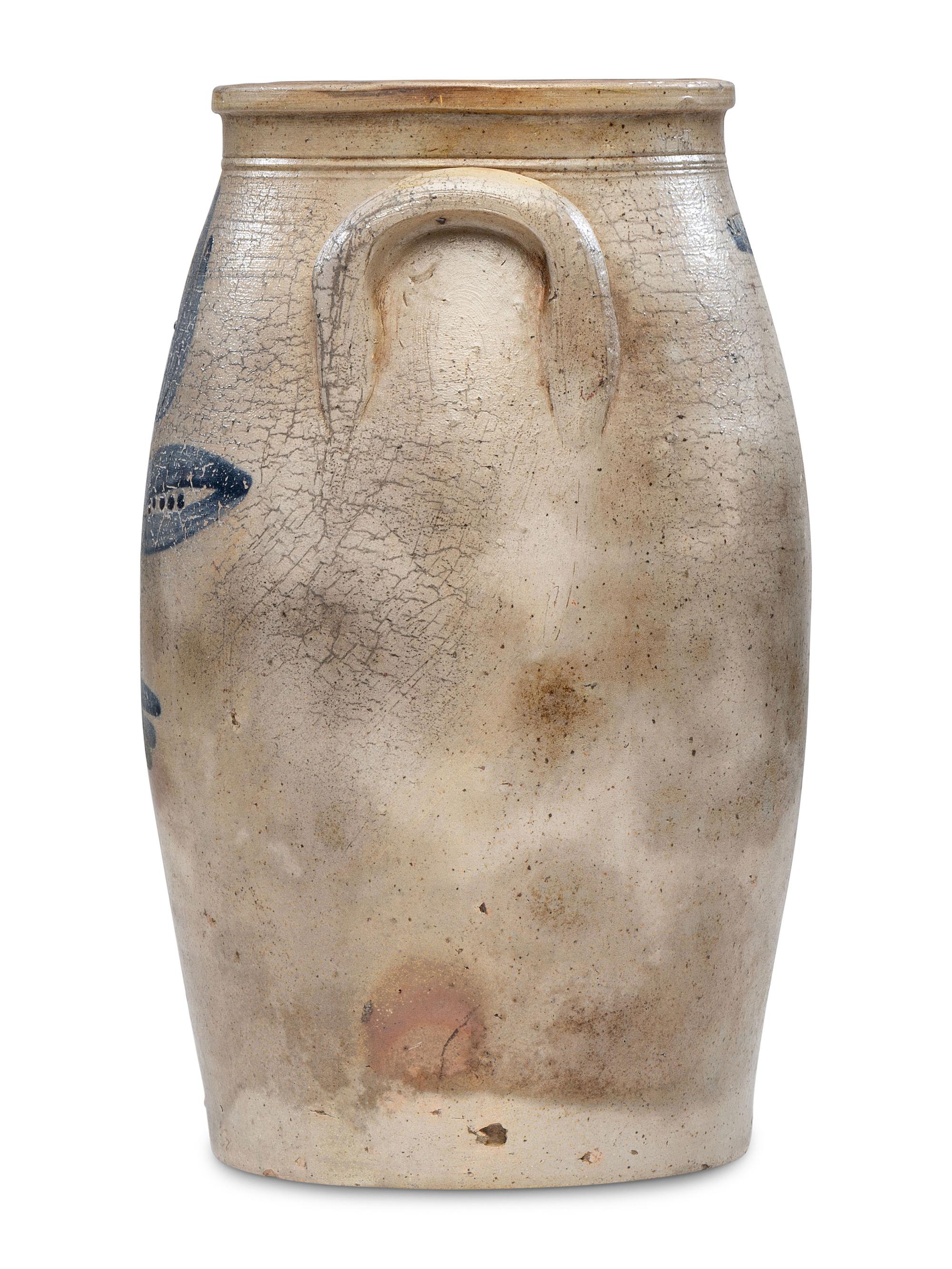 A Sawyer & Smith Three Gallon Cobalt Decorated Stoneware Crock