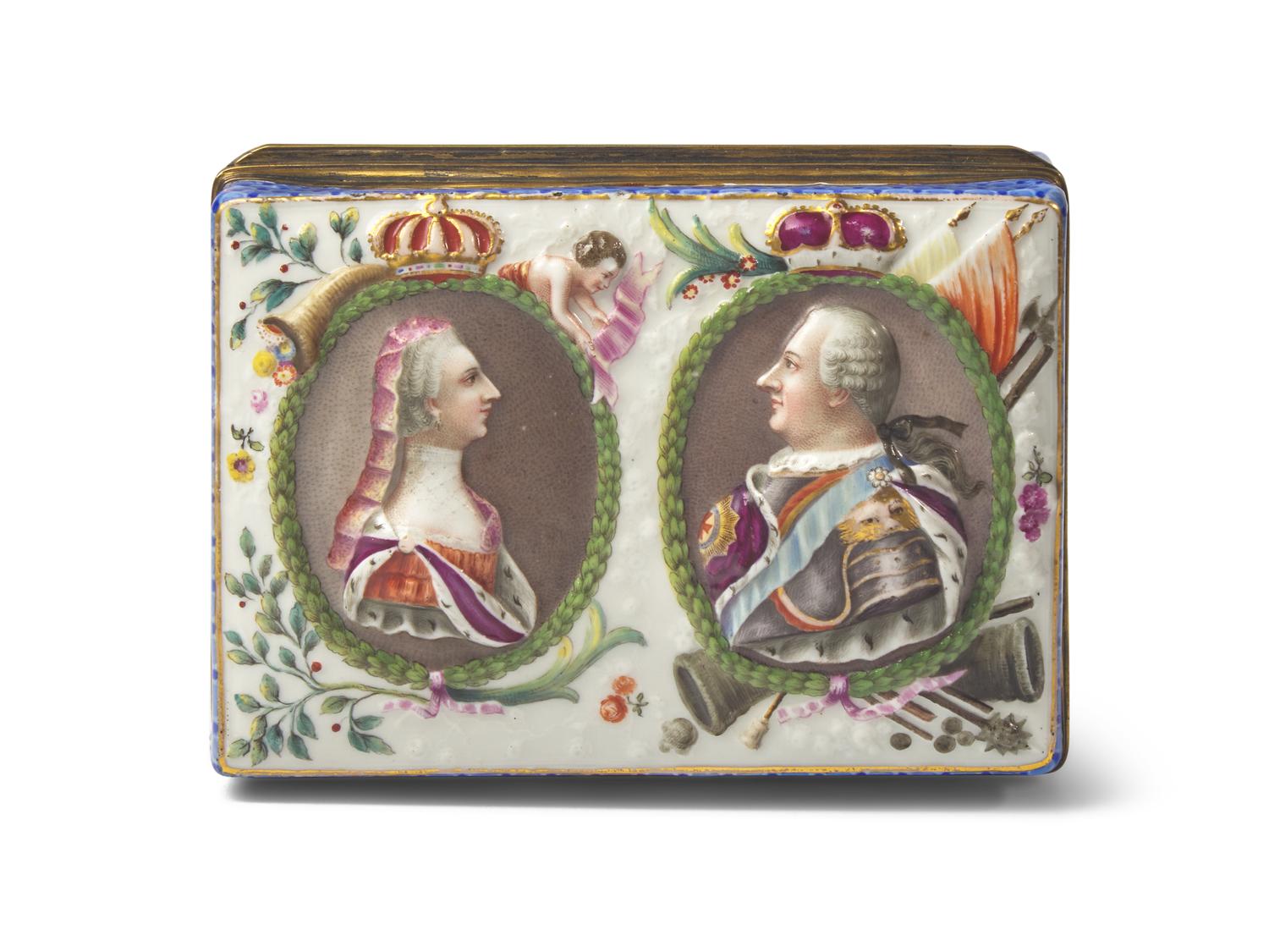 A Meissen Porcelain Commemorative Box with Frederick the Great and Elisabeth Christine