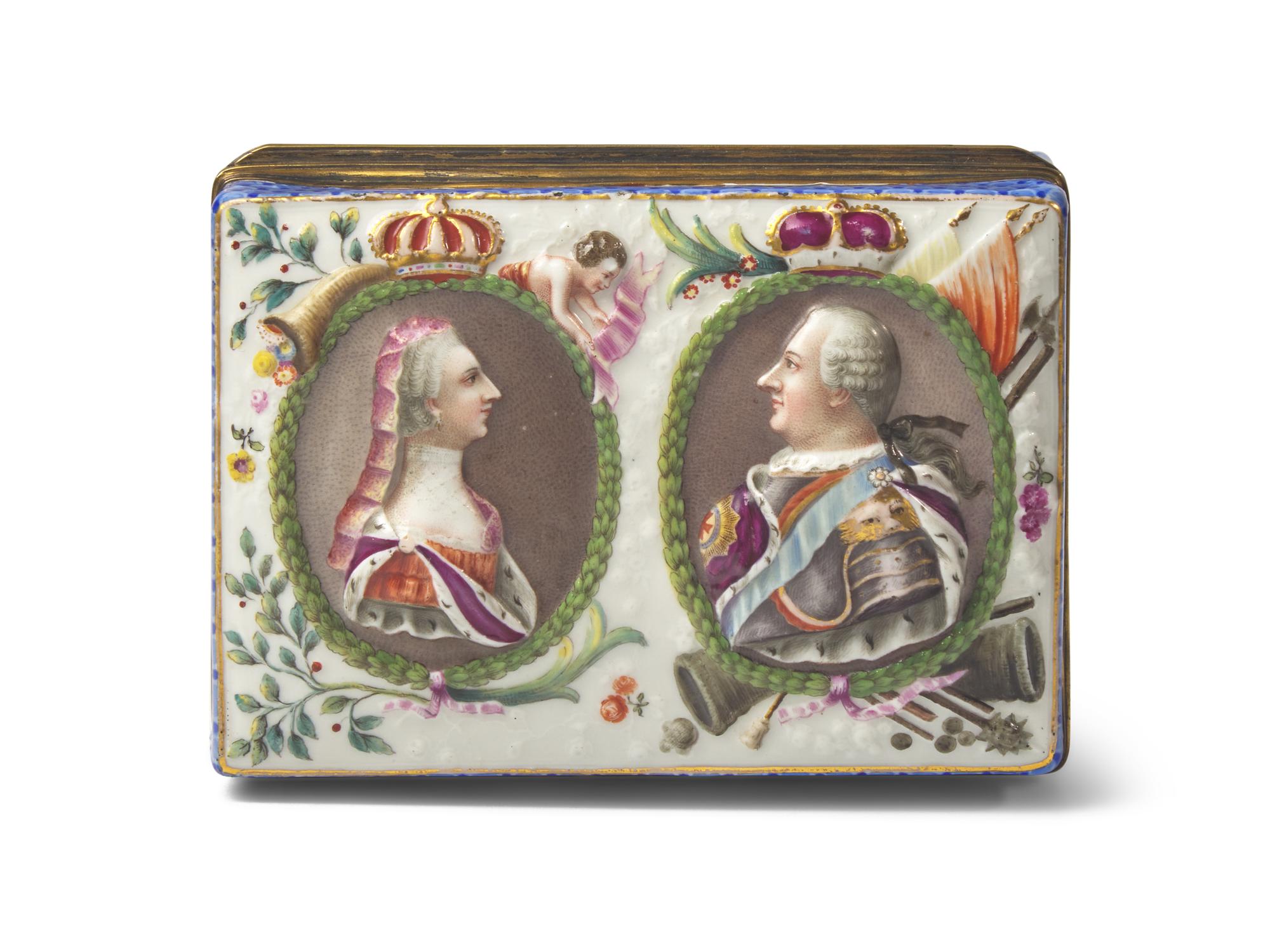 A Meissen Porcelain Commemorative Box with Frederick the Great and Elisabeth Christine