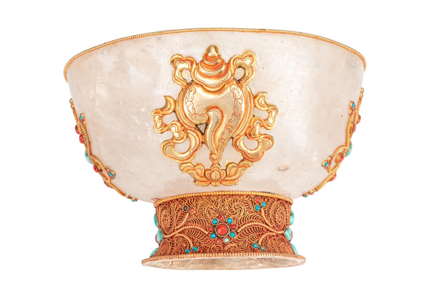 A Jeweled Gilt Filigree Metal and Rock Crystal Bowl and Cover