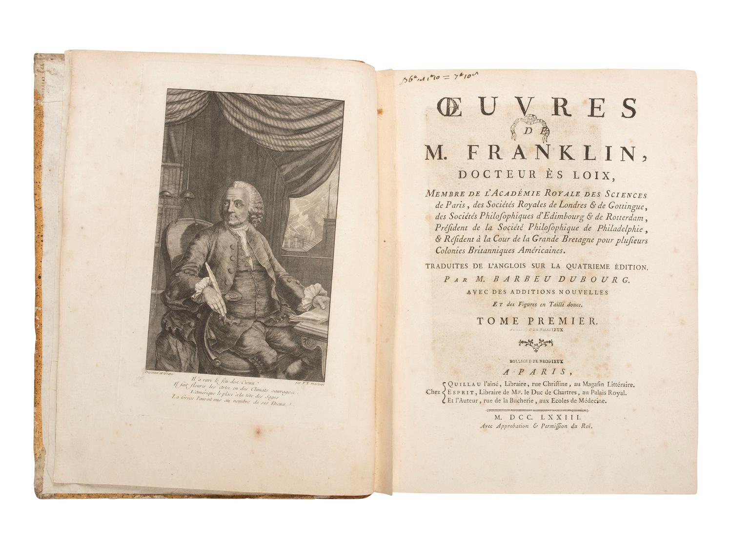 American Biography & History FRANKLIN, Benjamin (1706-1790). Oeuvres . Paris: Chez Quillau, Esprit, et l'Auteur, 1773.