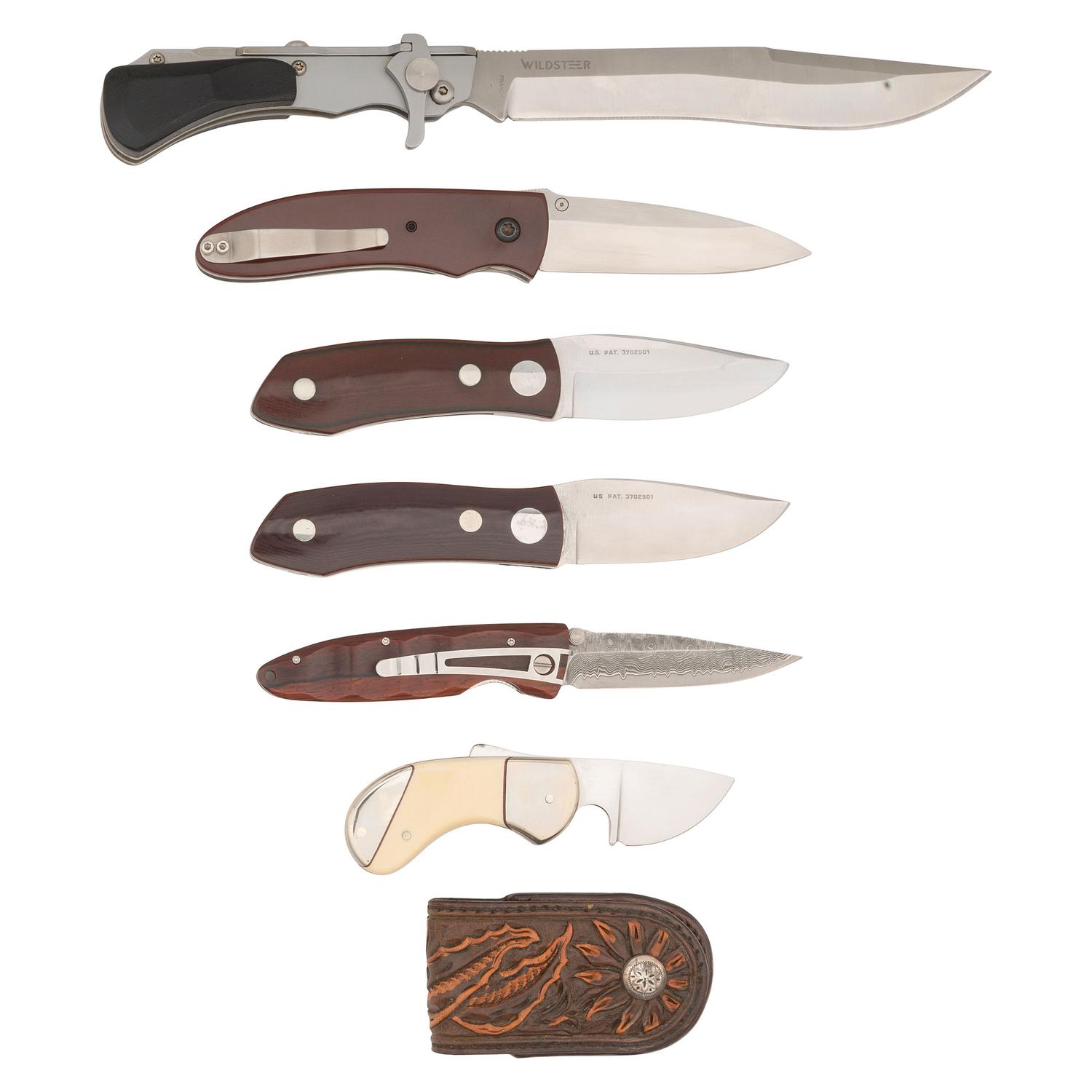 Lot of Six Folding Knives Including: Wildsteer, Hall, (2) Wood, MCUSTA and Hoffmann