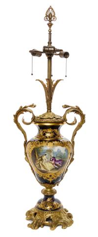 A Sevres Style Gilt Bronze Mounted Porcelain Urn, Height of porcelain 17 1/2 inches.