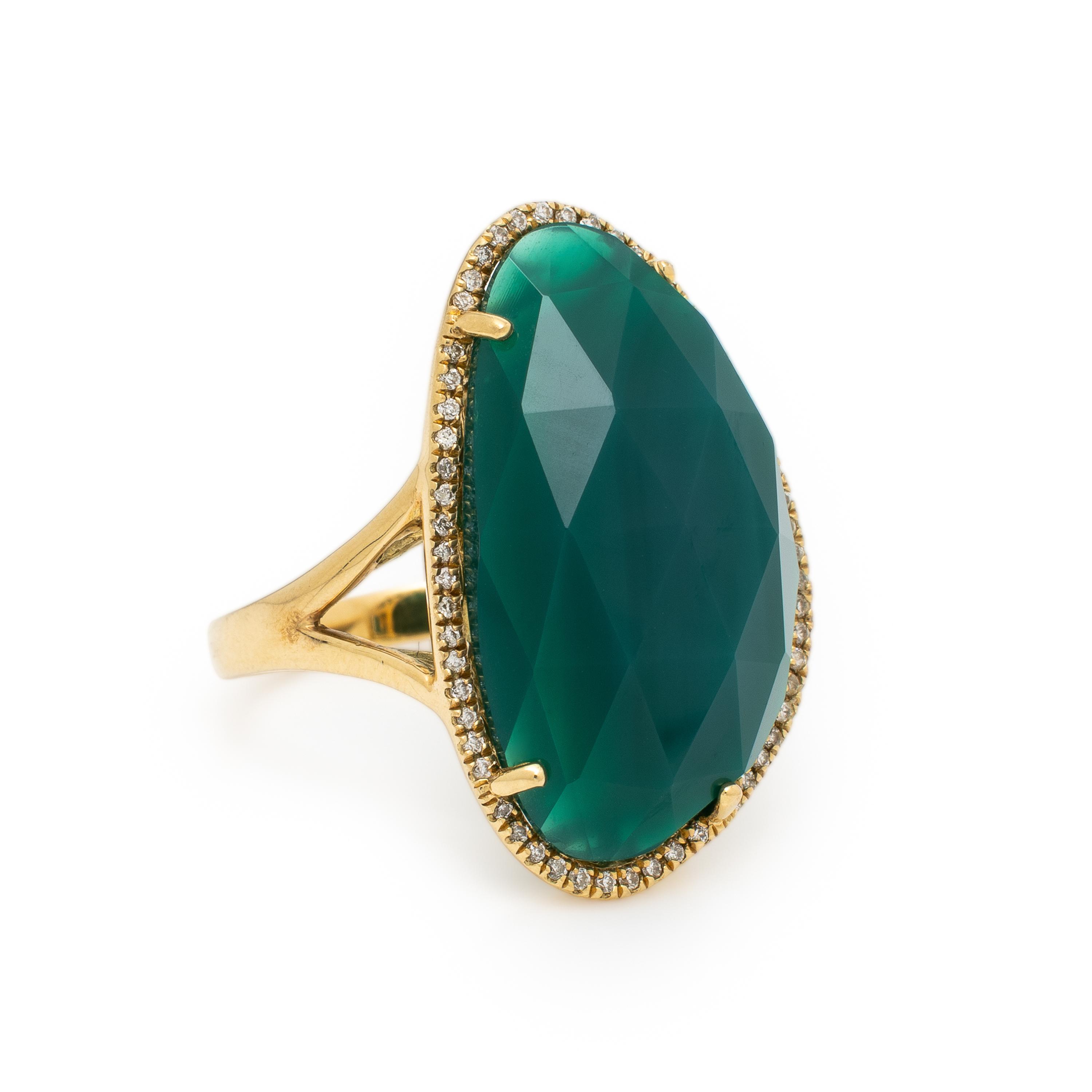 Green Chalcedony, Diamond, and Yellow Gold Ring