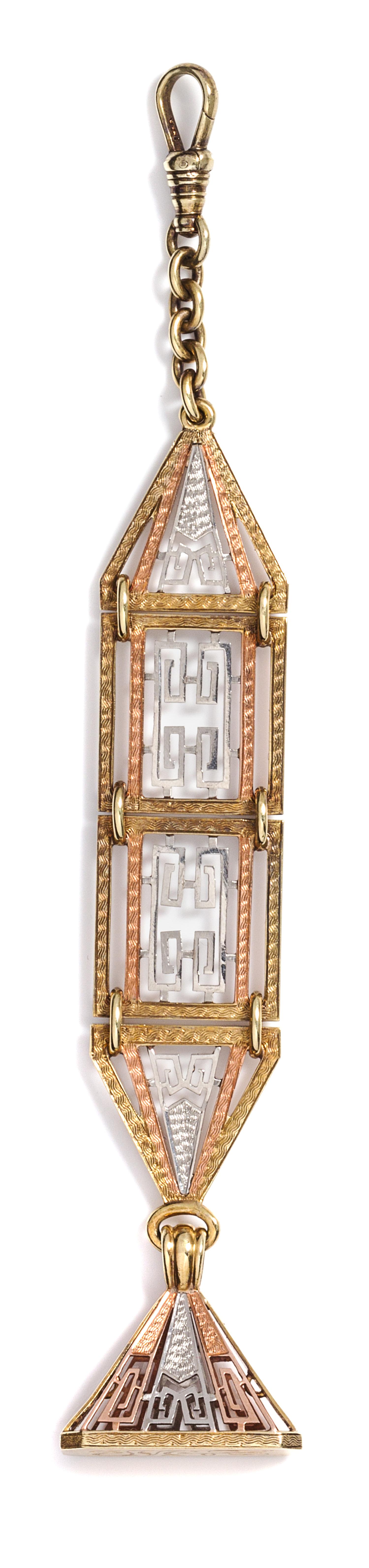 A Tricolor Gold Fob Pendant, 13.10 dwts.