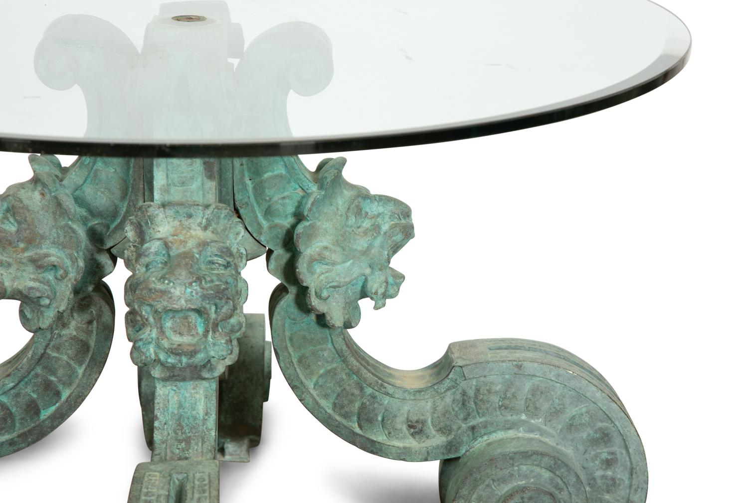 A Green Patinated Bronze Low Table with Glass Top
