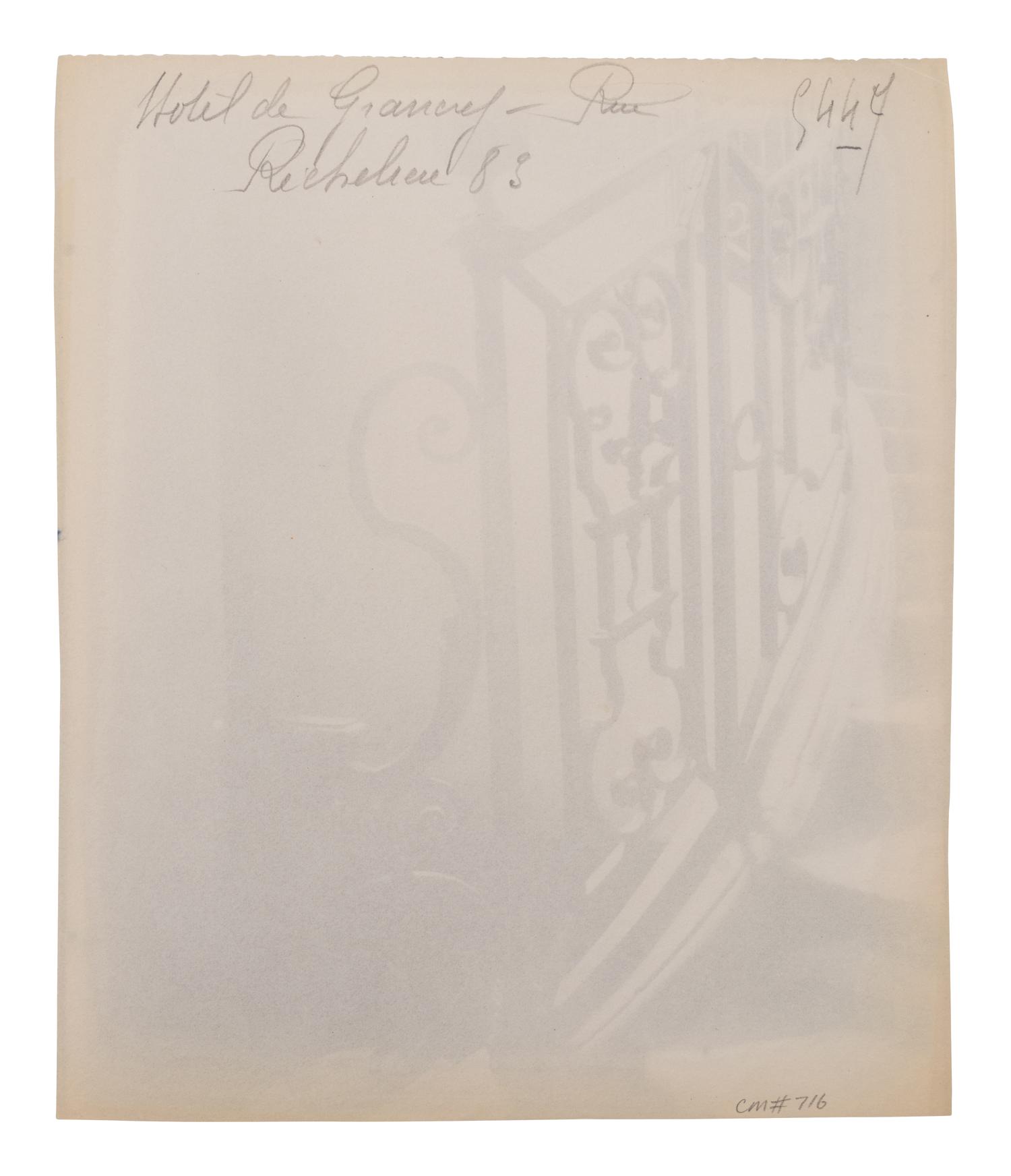 A group of three photographs ( Escalier, rue Beautreilles 7, 1904 (4e arr) , 1903-1904; Hôtel de Beauffremont, rue de Grenelle 87 , 1901; Hôtel de Grancry, 83 rue Richelieu , 1907)