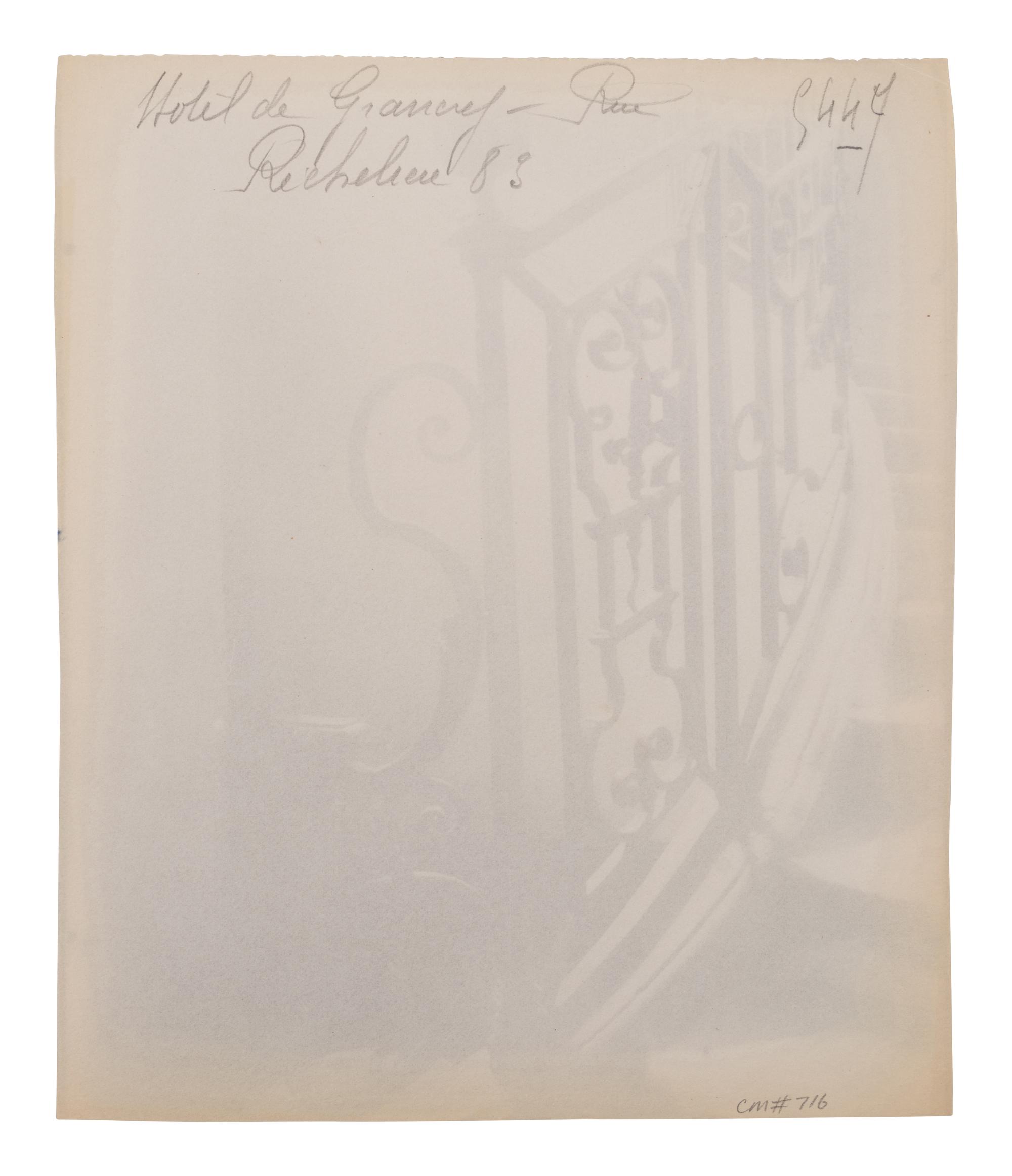 A group of three photographs ( Escalier, rue Beautreilles 7, 1904 (4e arr) , 1903-1904; Hôtel de Beauffremont, rue de Grenelle 87 , 1901; Hôtel de Grancry, 83 rue Richelieu , 1907)