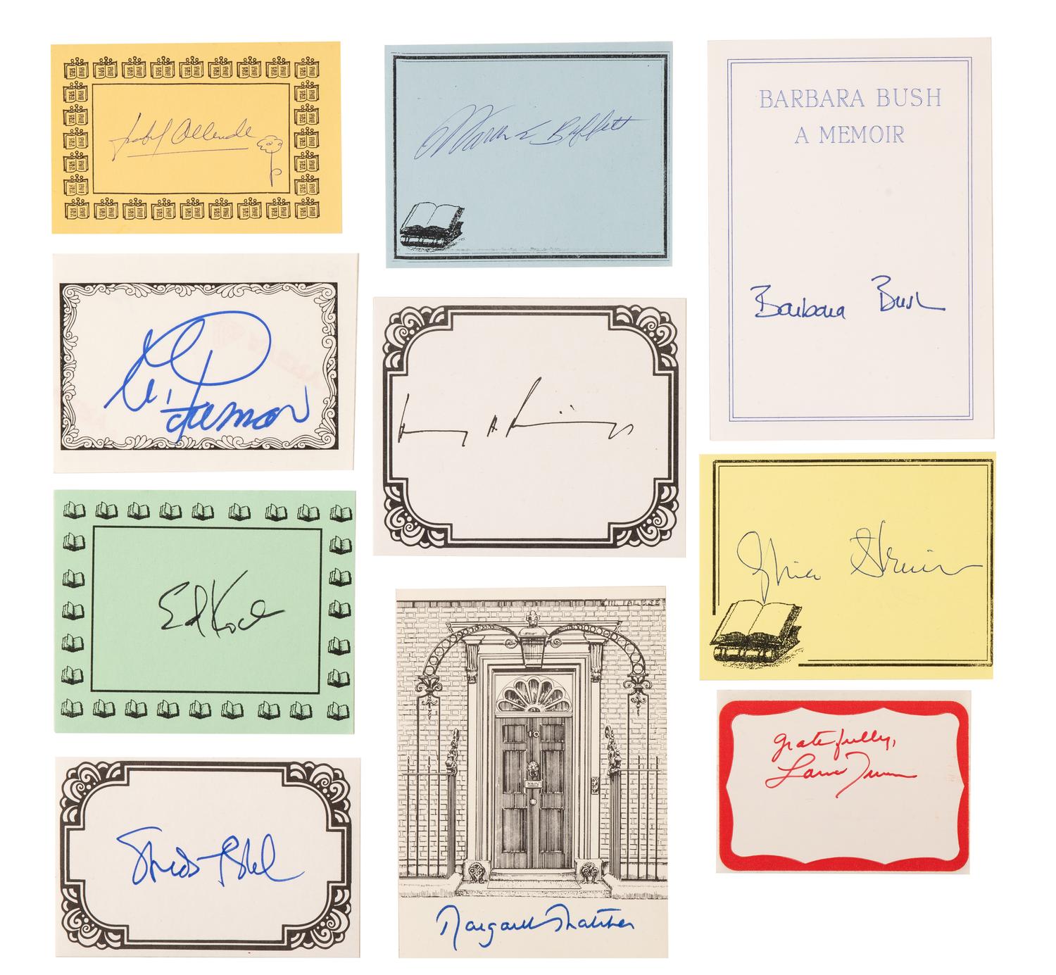 [WRITERS, POLITICAL FIGURES & ENTERTAINERS]. A group of approximately 209 bookplates or slips signed (including duplicates). Comprising (with approximate counts):
