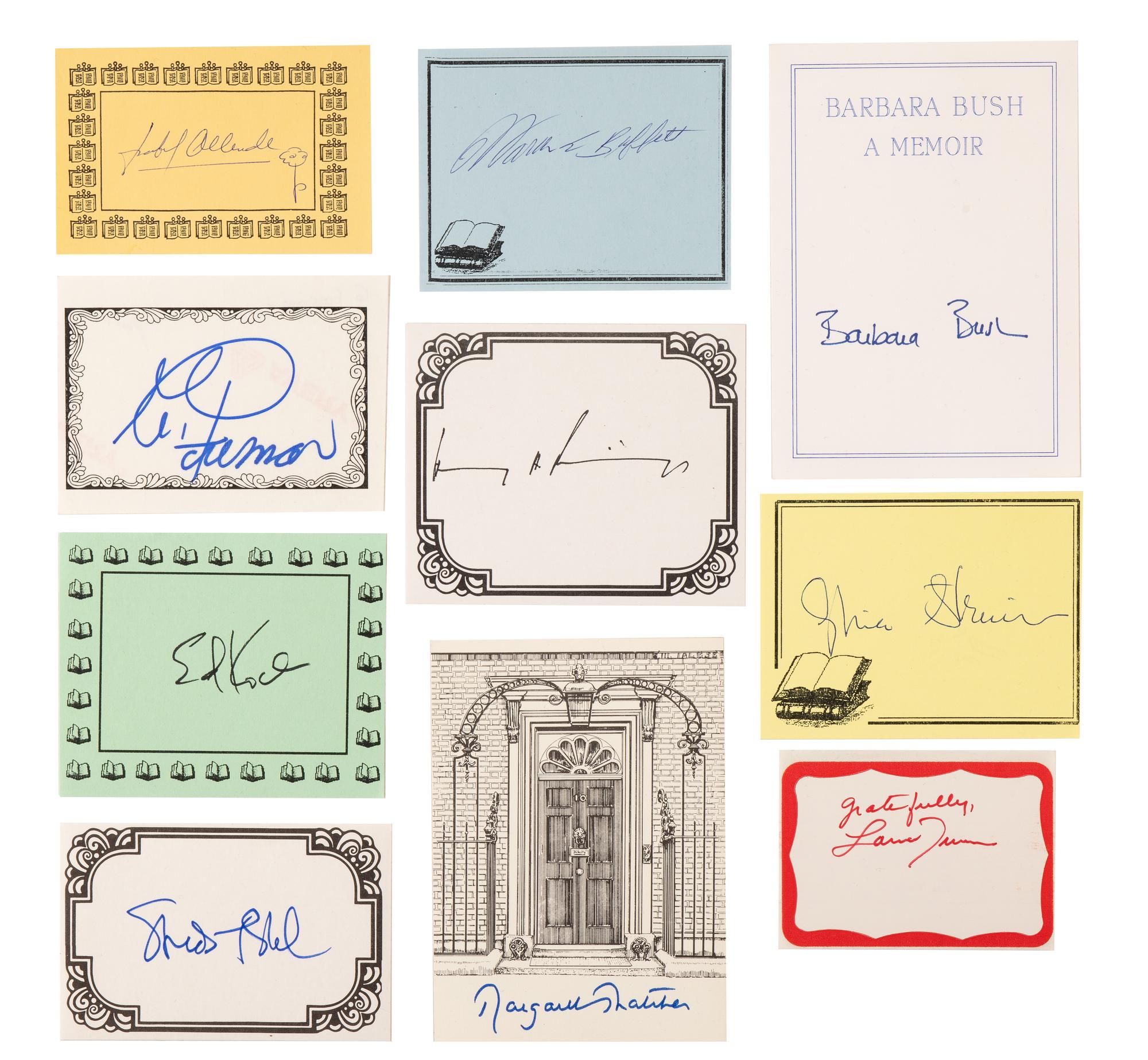 [WRITERS, POLITICAL FIGURES & ENTERTAINERS]. A group of approximately 209 bookplates or slips signed (including duplicates). Comprising (with approximate counts):