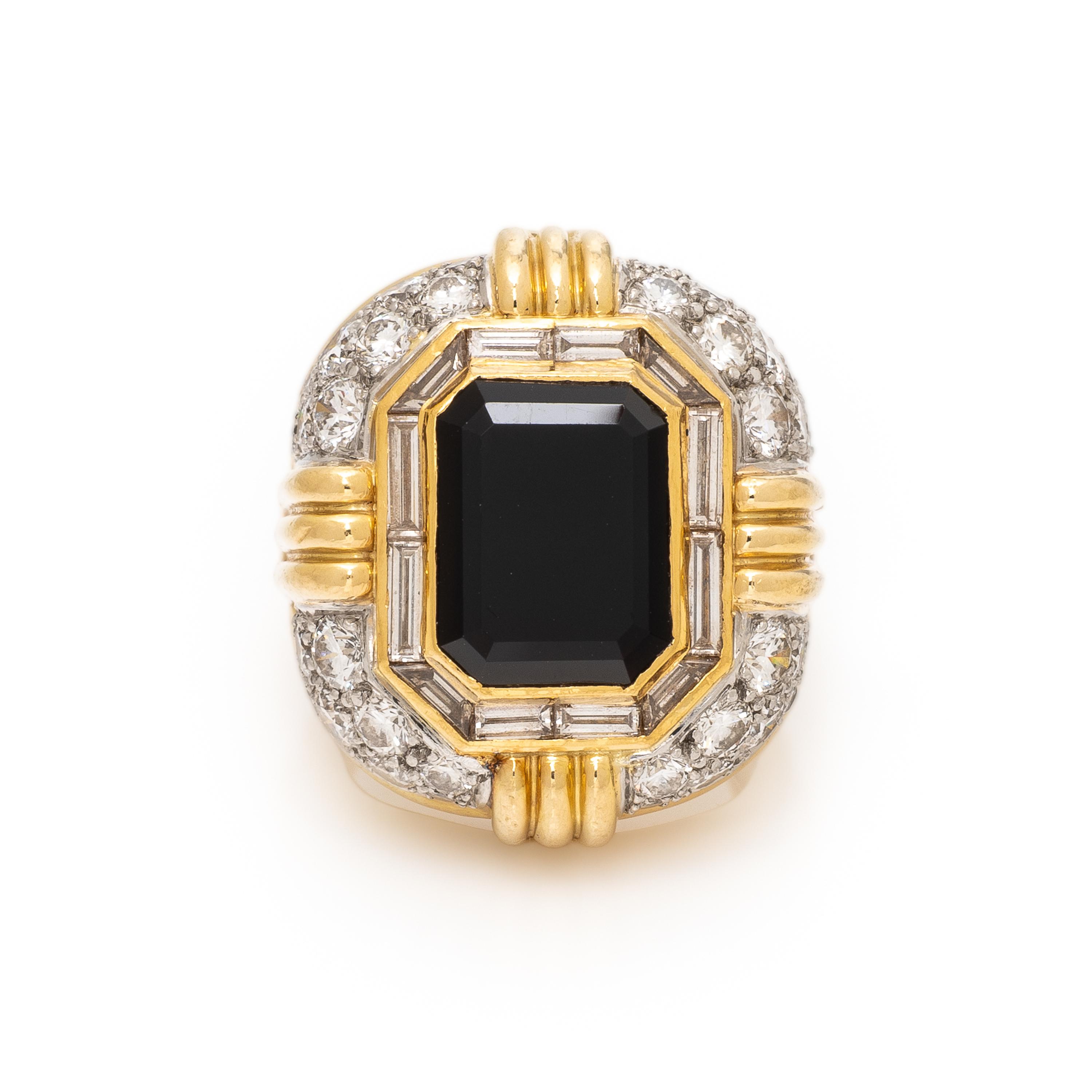 Turi, Onyx, Diamond, and Yellow Gold Ring