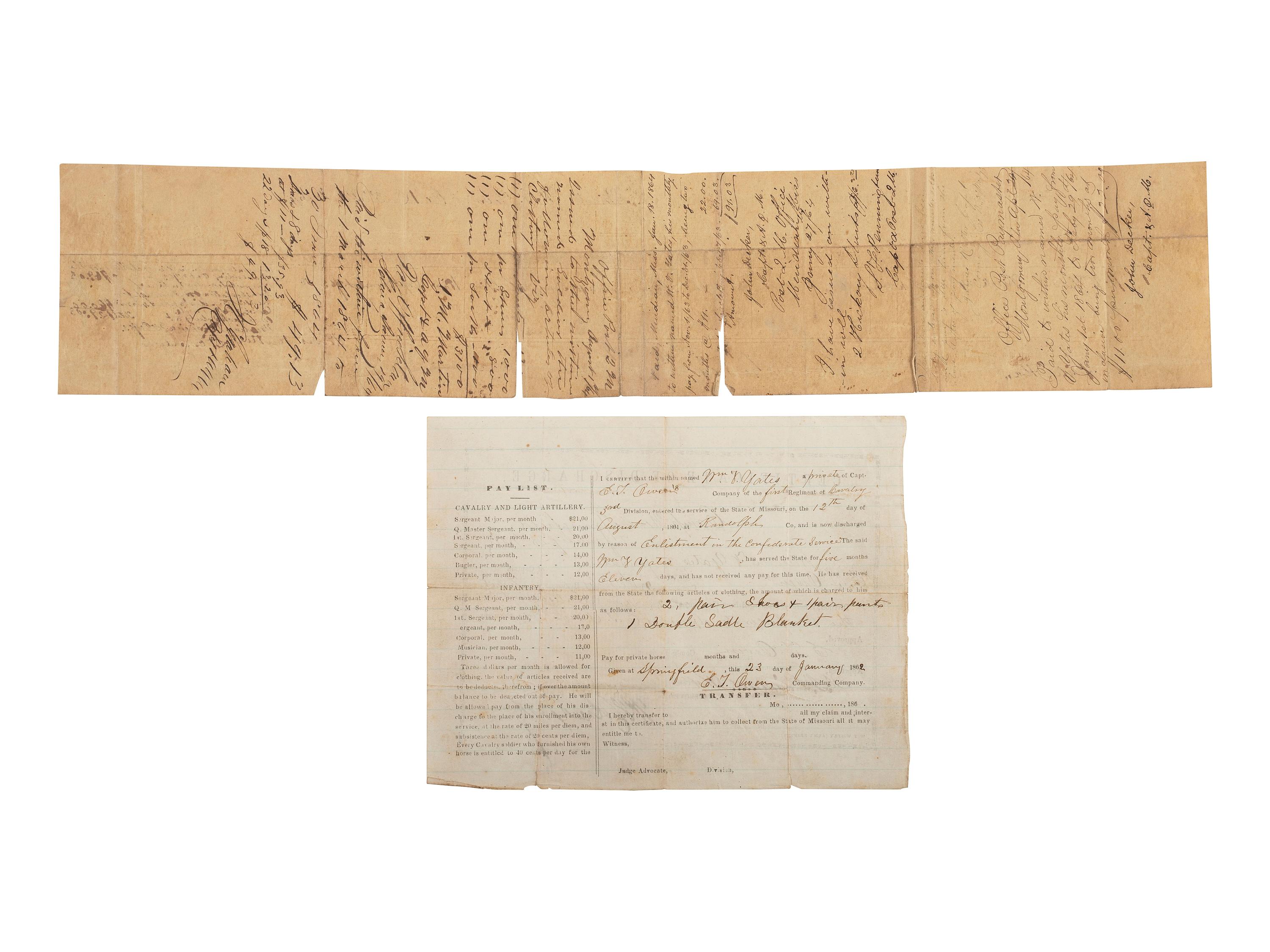 [CIVIL WAR]. A group of 4 items identified to CSA Private William V. Yates, 3rd Missouri Infantry, incl. war-date documents and tintype.