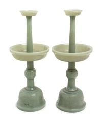 A Pair of Chinese Carved Jade Candlesticks