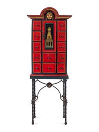 An Art Deco Painted and Parcel Gilt Cabinet on Iron Stand
