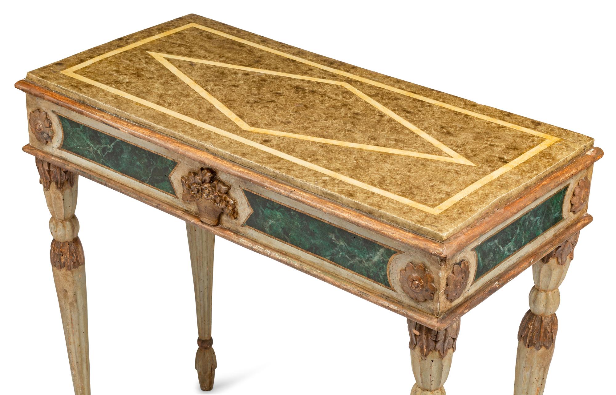 A Pair of Italian Faux Marble Painted Console Tables