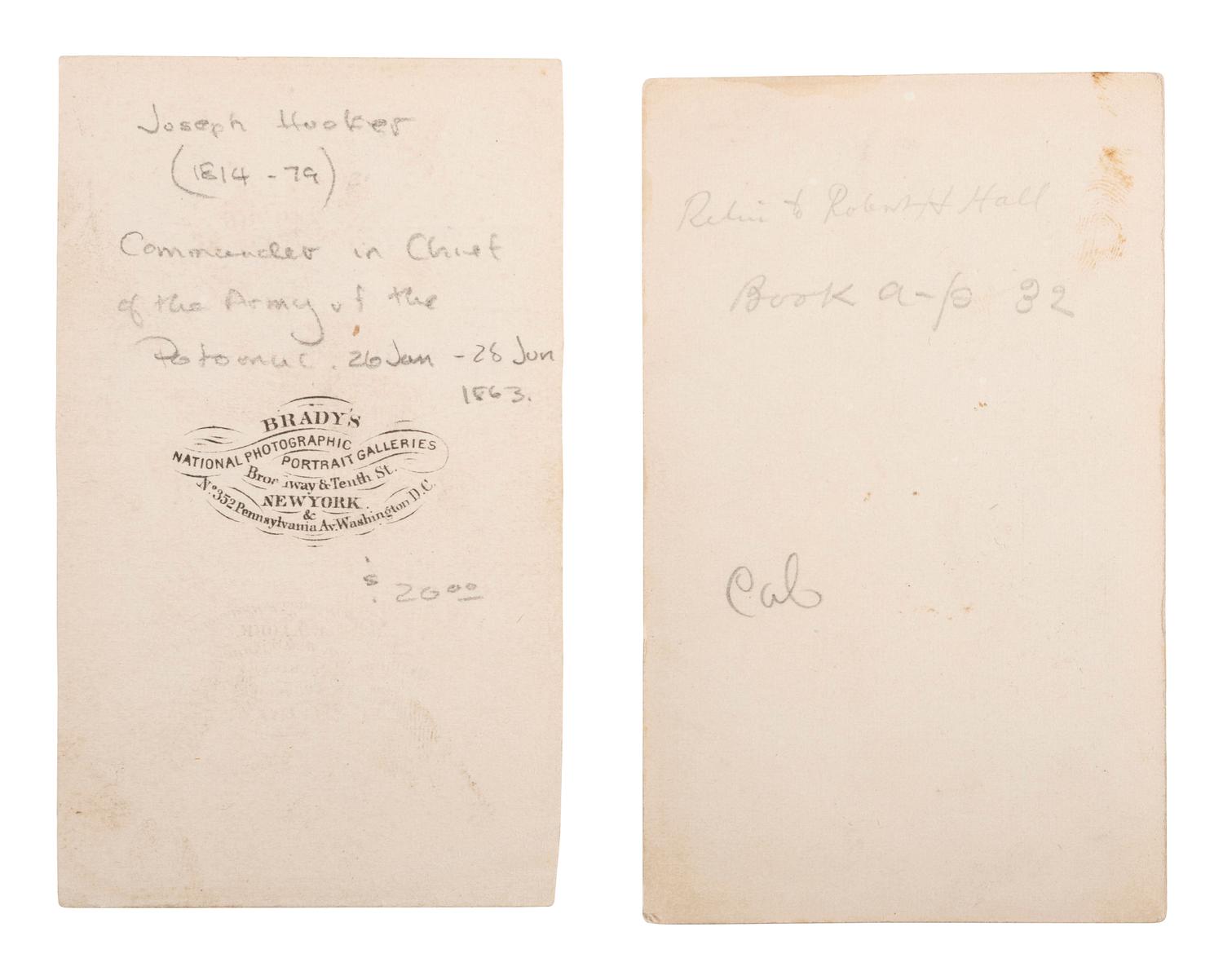 [CIVIL WAR]. HOOKER, Joseph, (1814-1879). A group of 2 CDVs, incl. autographed portrait as Major General.