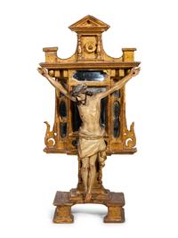 A Continental Carved, Polychromed, Parcel Gilt and Mirrored Crucifix