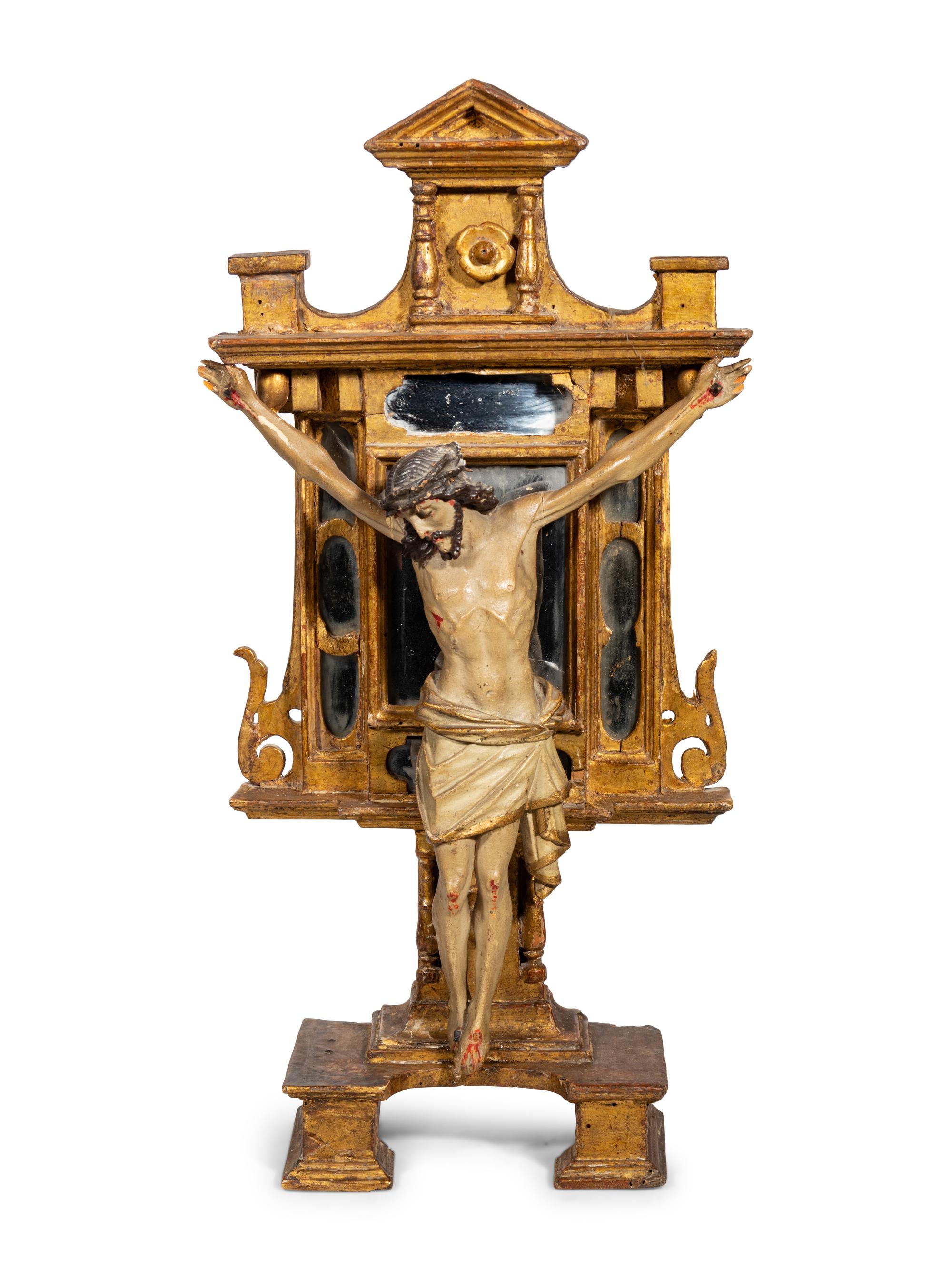 A Continental Carved, Polychromed, Parcel Gilt and Mirrored Crucifix