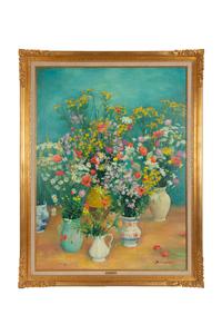 Bouquets Entremêlés sur Fond Bleu