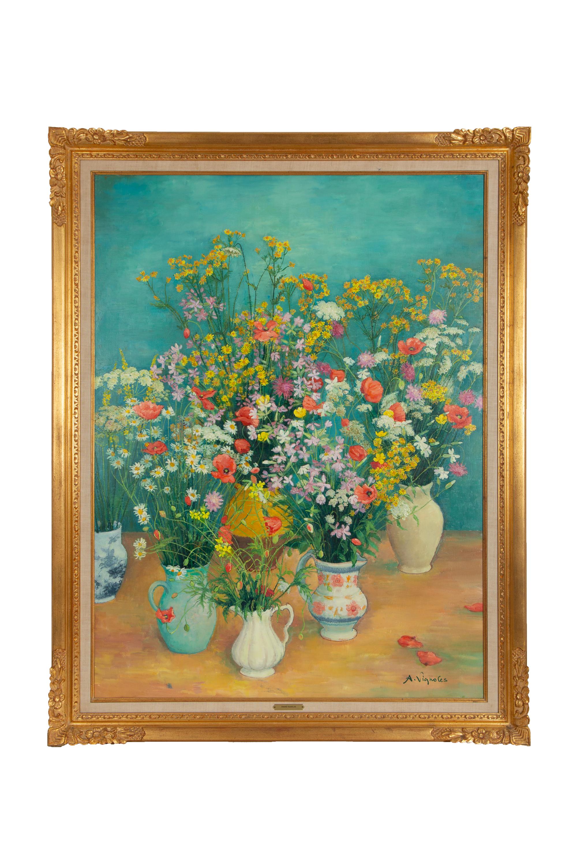 Bouquets Entremêlés sur Fond Bleu