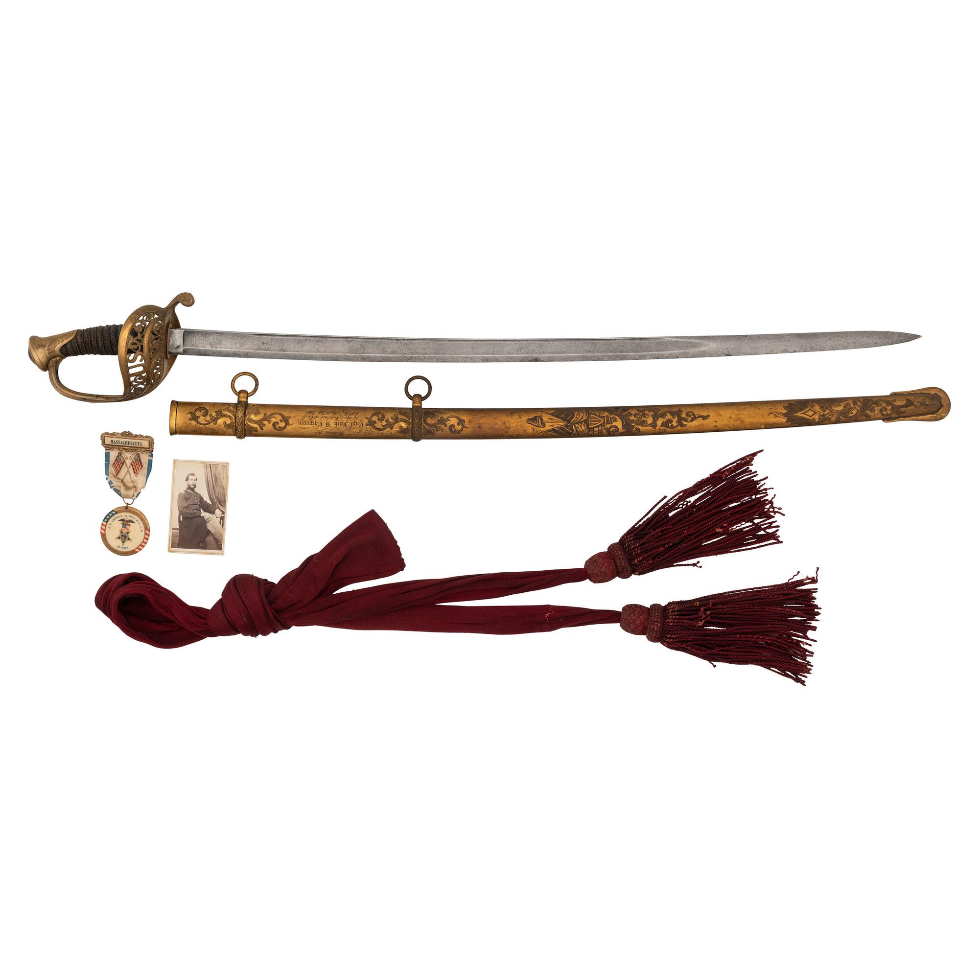 Ames Model 1850 Staff and Field Officers Sword Presented to Capt John Chipman 59th Mass - POW and WIA, with Sash, CDV and GAR Button