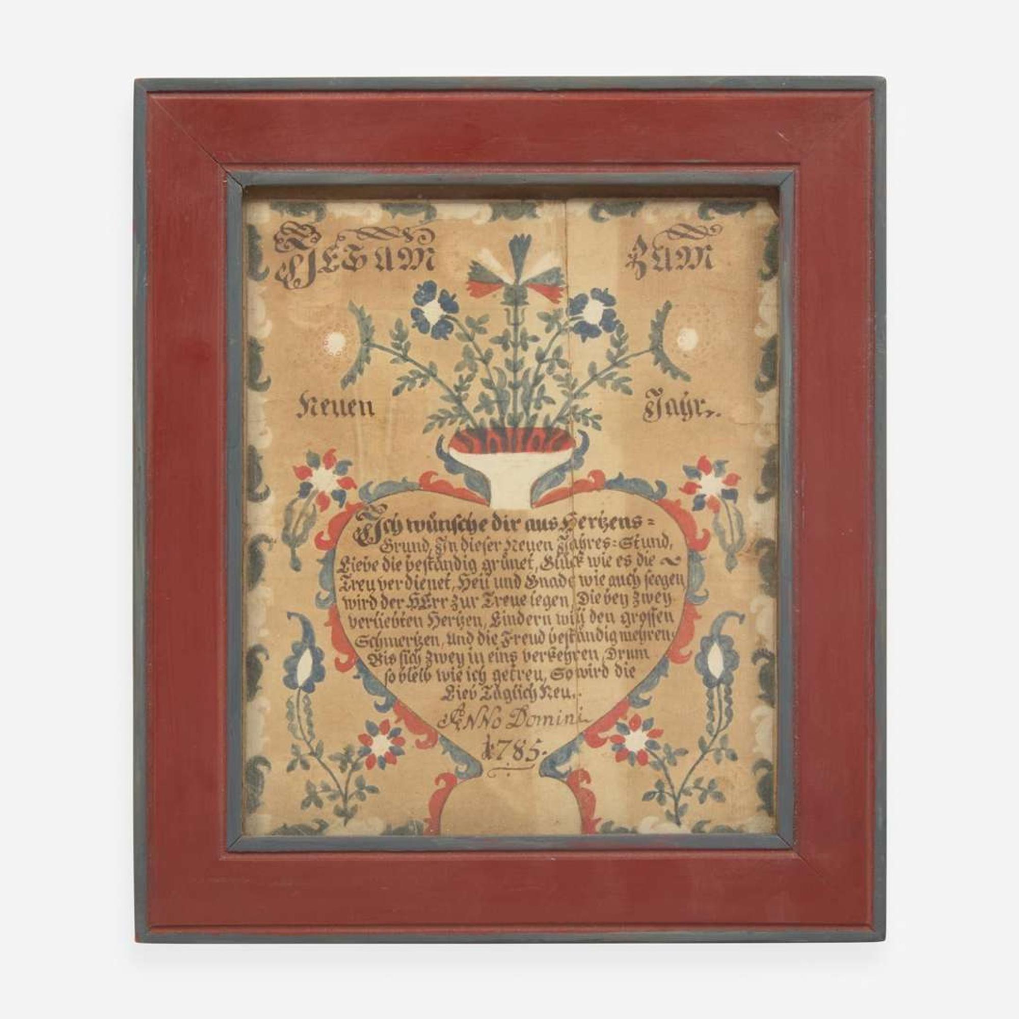 Attributed to Johann Karl Screibeler (c. 1723-1800); A Fraktur: New Year's Greeting, dated "1785"