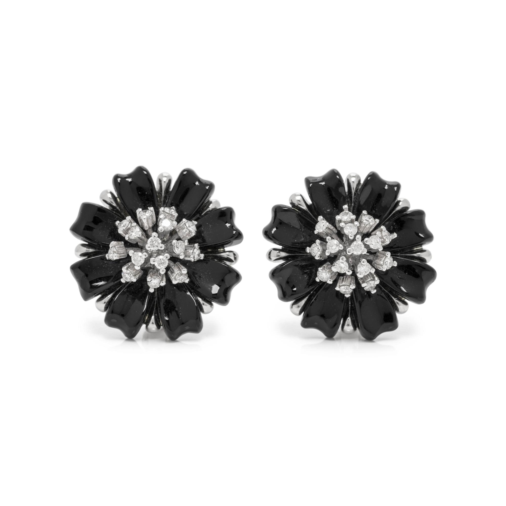 ONYX AND DIAMOND FLOWER EARCLIPS