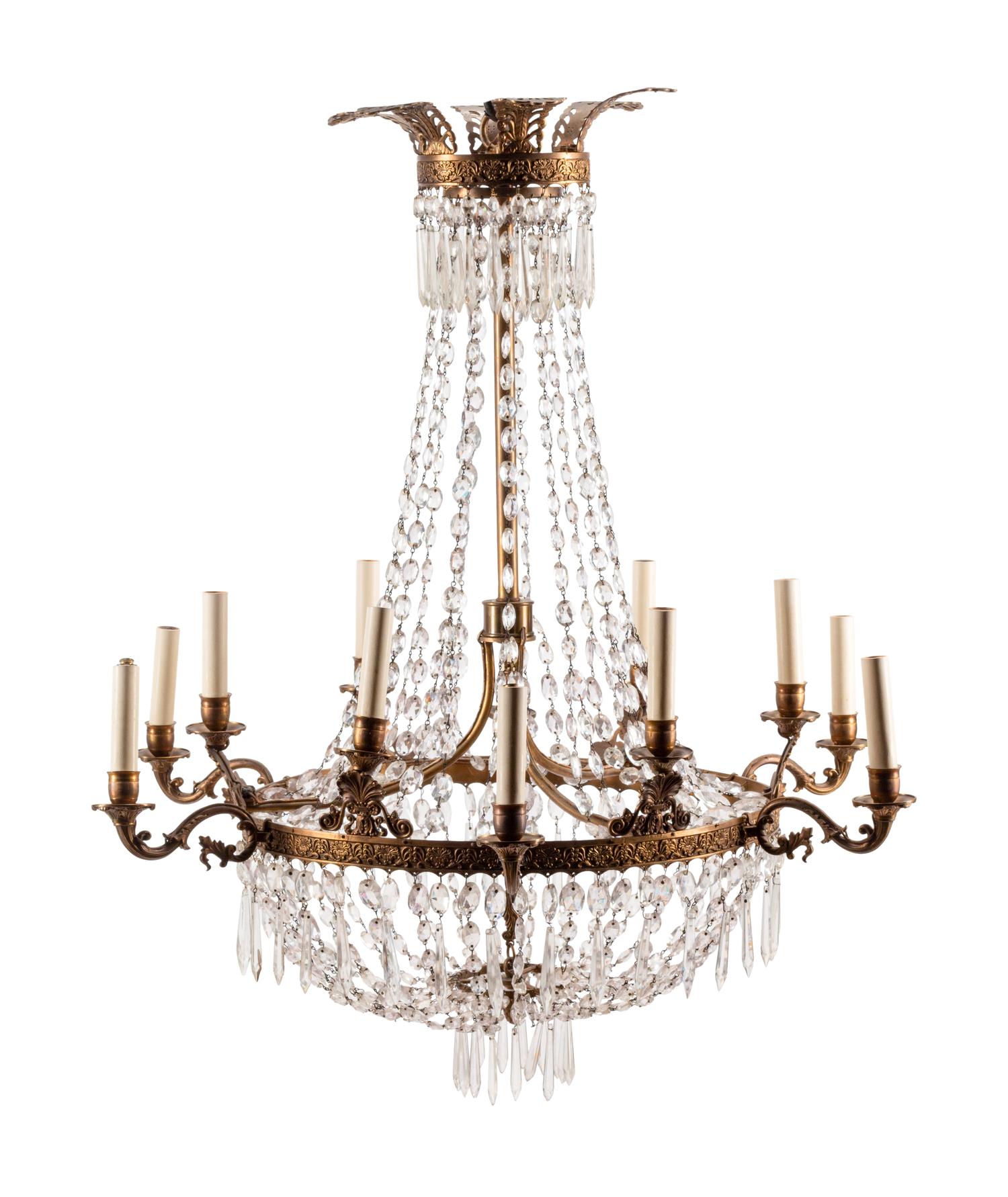 An Empire Style Bronze and Glass Twelve-Light Chandelier