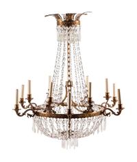 An Empire Style Bronze and Glass Twelve-Light Chandelier