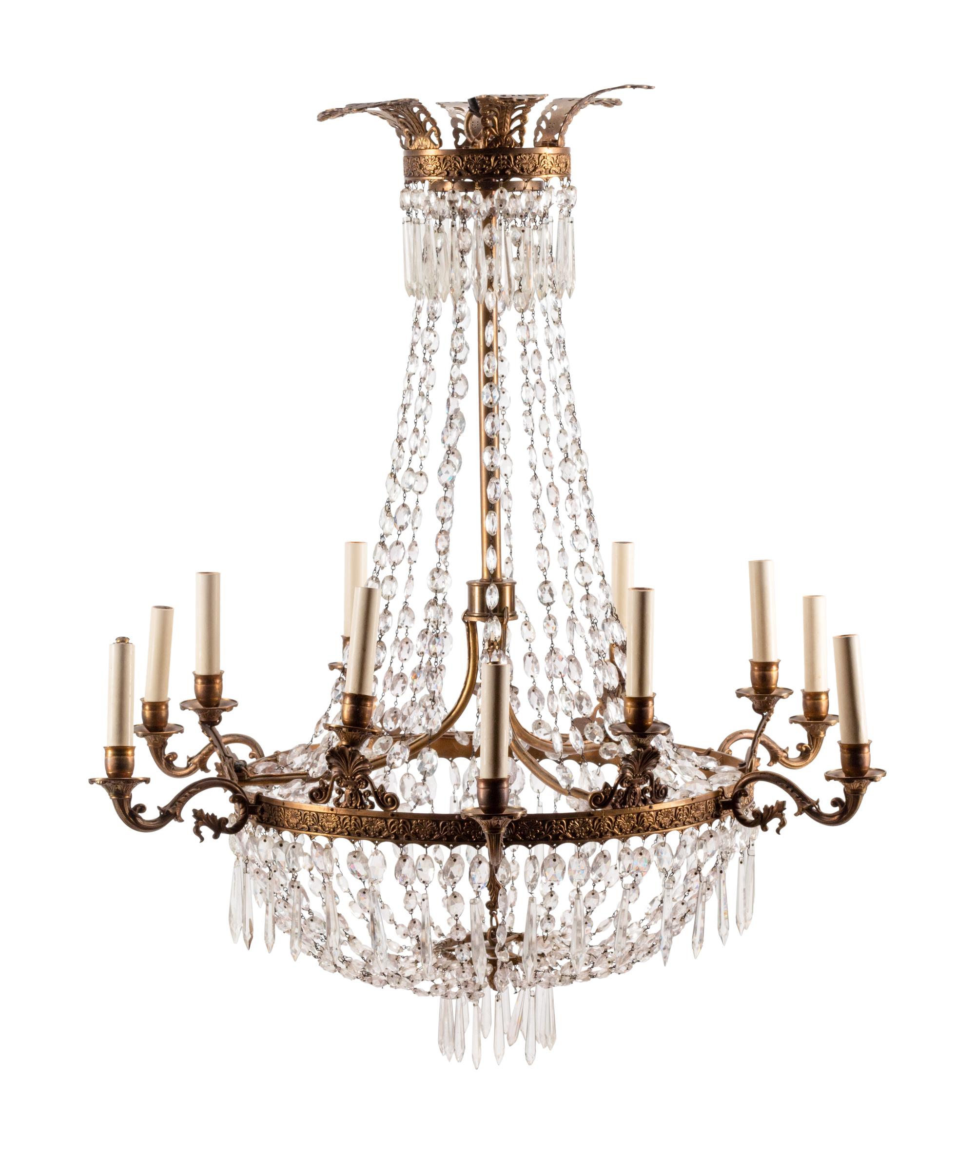 An Empire Style Bronze and Glass Twelve-Light Chandelier