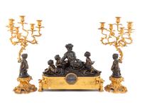A French Gilt and Patinated Bronze Clock Garniture